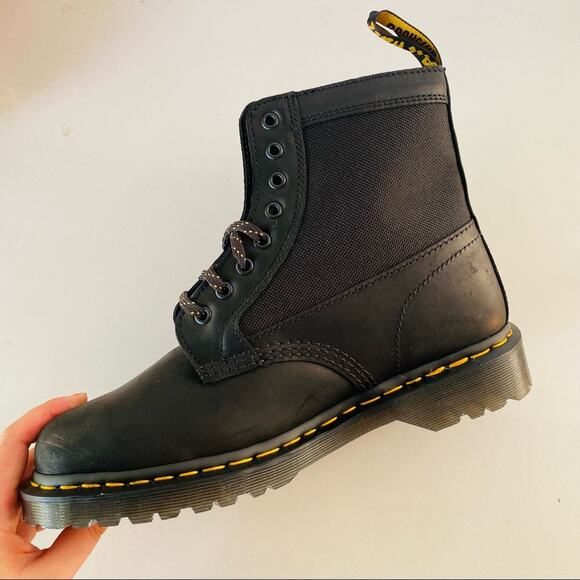 NEW DR DOC MARTENS Black Leather Canvas Panel Inset Lace Up Combat Ankle Boot 9 main image 9